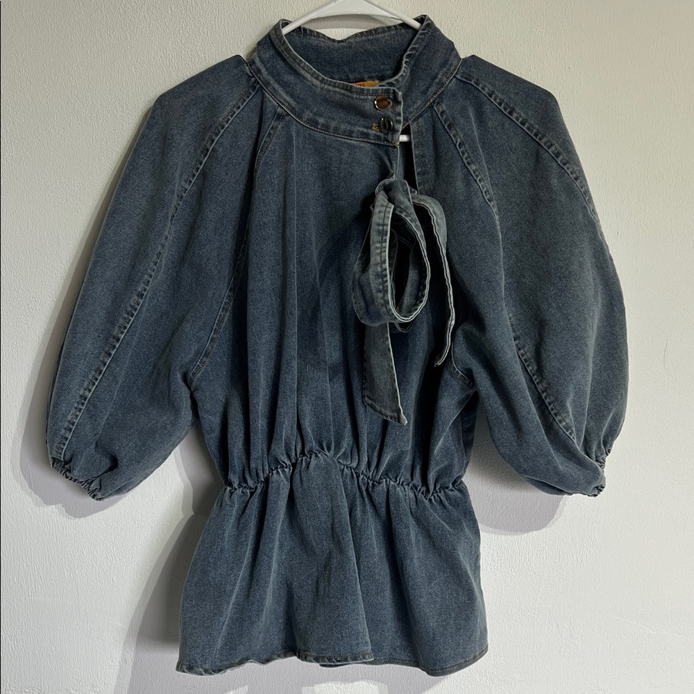 Washed Indigo Denim Peplum Tie-Neck Top